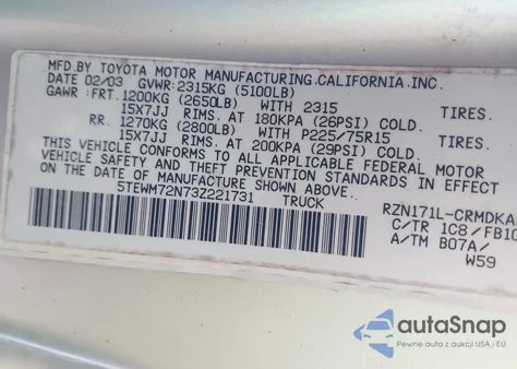 2003 Toyota Tacoma z USA, uszkodzony, nr VIN 5TEWM72N73Z221731